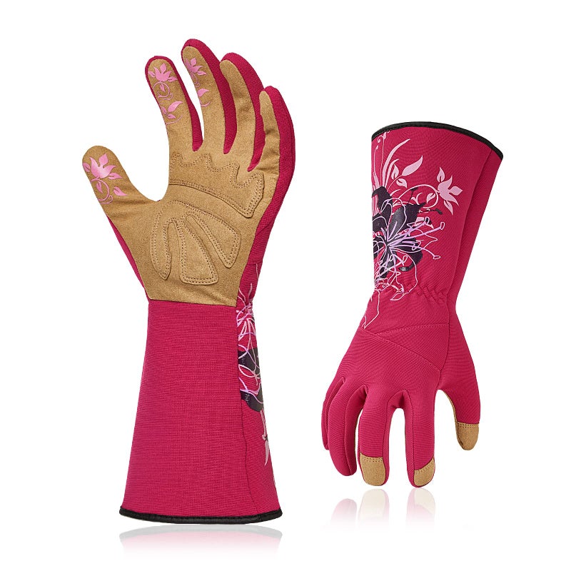 Vgo... 1-Pair Ladies' Synthetic Leather Gardening Gloves, Long Sleeves Gauntlet, Breathable & Grip Work Gloves, High Dexterity, Washable (Size S, Red, SL7445) - Image 1